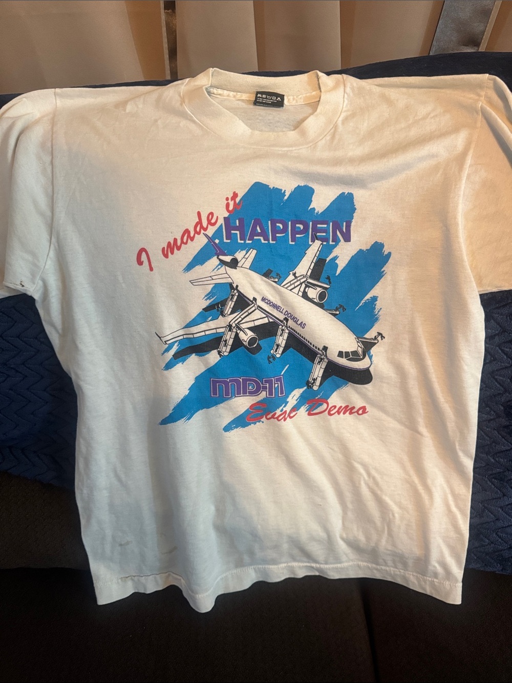 Screen Stars White Tee with Blue Brushstroke & Red Accent MD-11 Graphic Vintage